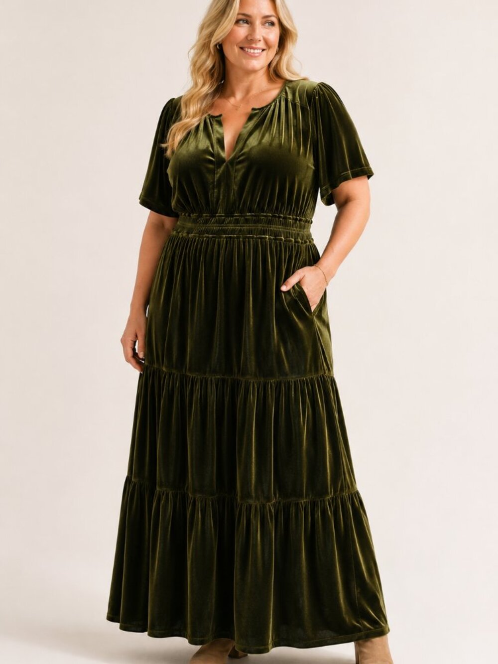 NWT Leslie Fay Olive Green Velvet Tiered Maxi Dress Plus Size 14